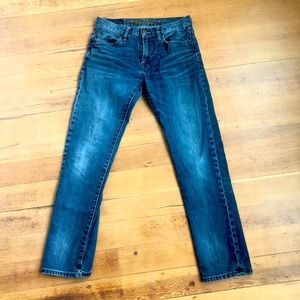 AMERICAN EAGLE OUTFITTERS Mens 28X30 SLIM WHISKERED DISTRESSED BLUE JEANS -28X27